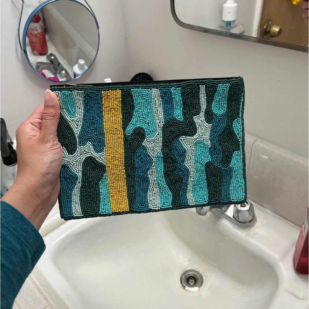 Ink and Alloy Beaded Teal & Yellow Women's Clutch Bag